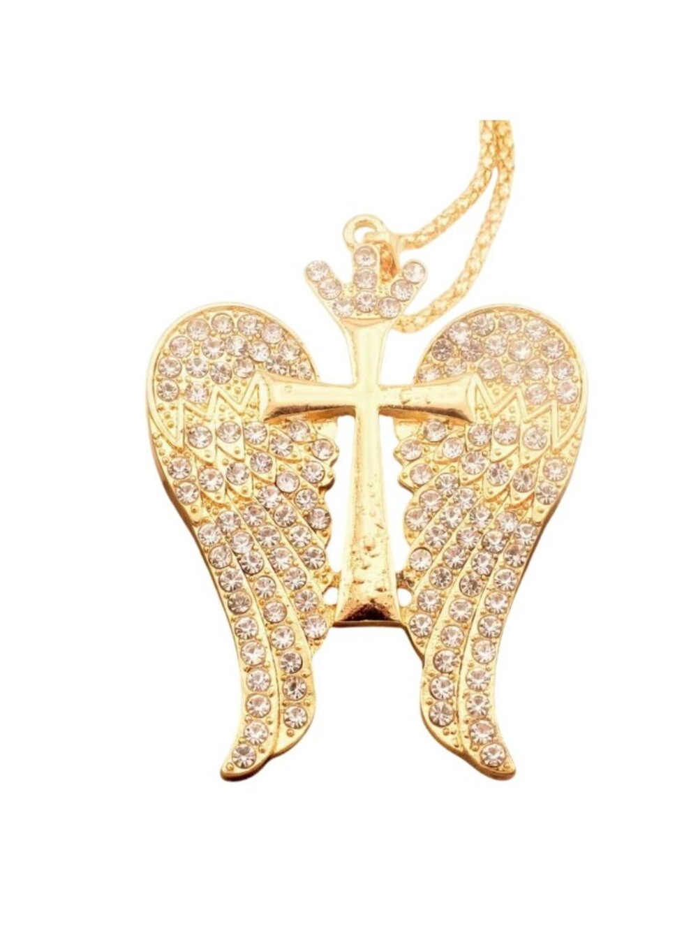 Angel Wing Cross Pendant Necklace With Crystals Gold Tone